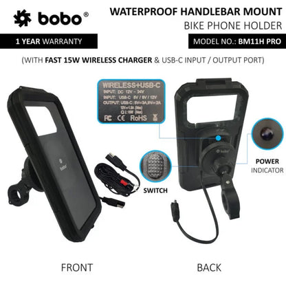 PRO Fully Waterproof Bike Phone Holder with Vibration Controller (with Fast 15W Wireless Charger & USB-C Input/Output Port) Motorcycle Mobile Mount - Bobogears