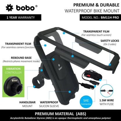 PRO Fully Waterproof Bike Phone Holder with Vibration Controller (with Fast 15W Wireless Charger & USB-C Input/Output Port) Motorcycle Mobile Mount - Bobogears