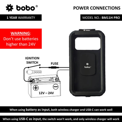 PRO Fully Waterproof Bike Phone Holder with Vibration Controller (with Fast 15W Wireless Charger & USB-C Input/Output Port) Motorcycle Mobile Mount - Bobogears