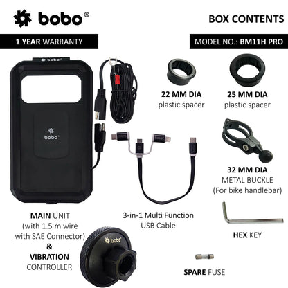 PRO Fully Waterproof Bike Phone Holder with Vibration Controller (with Fast 15W Wireless Charger & USB-C Input/Output Port) Motorcycle Mobile Mount - Bobogears