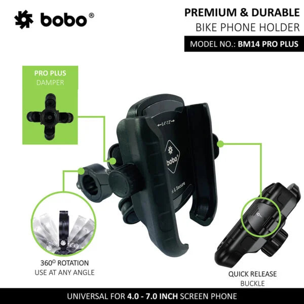 PRO PLUS Quick Release with PRO PLUS Vibration Damper Enhanced BM4 PRO PLUS Bike / Cycle Phone Holder Motorcycle Mobile Mount - Bobogears