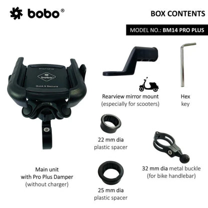 PRO PLUS Quick Release with PRO PLUS Vibration Damper Enhanced BM4 PRO PLUS Bike / Cycle Phone Holder Motorcycle Mobile Mount - Bobogears