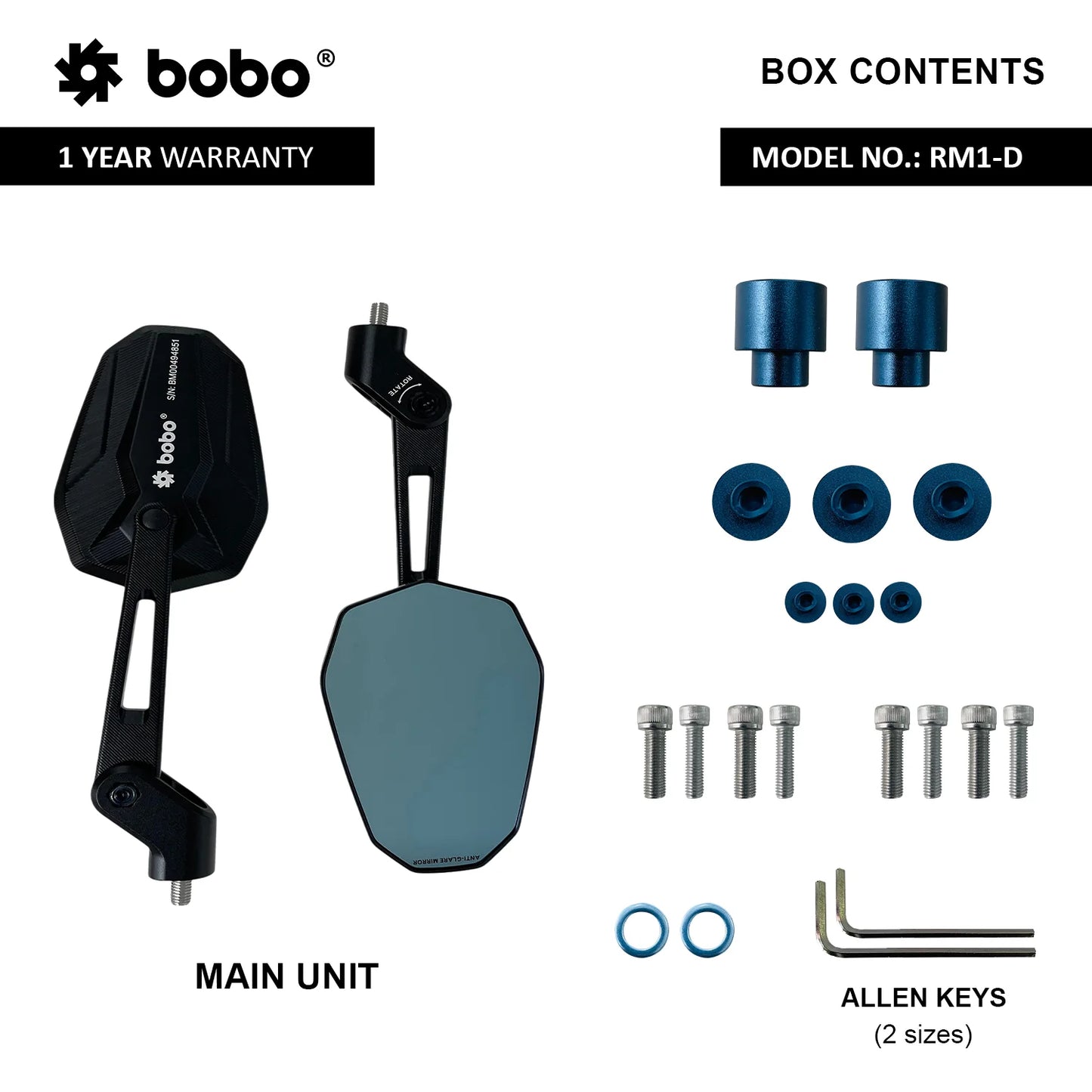RM1-D Anti-Glare, Anti-Fog Rearview Bike Mirror - BOBO