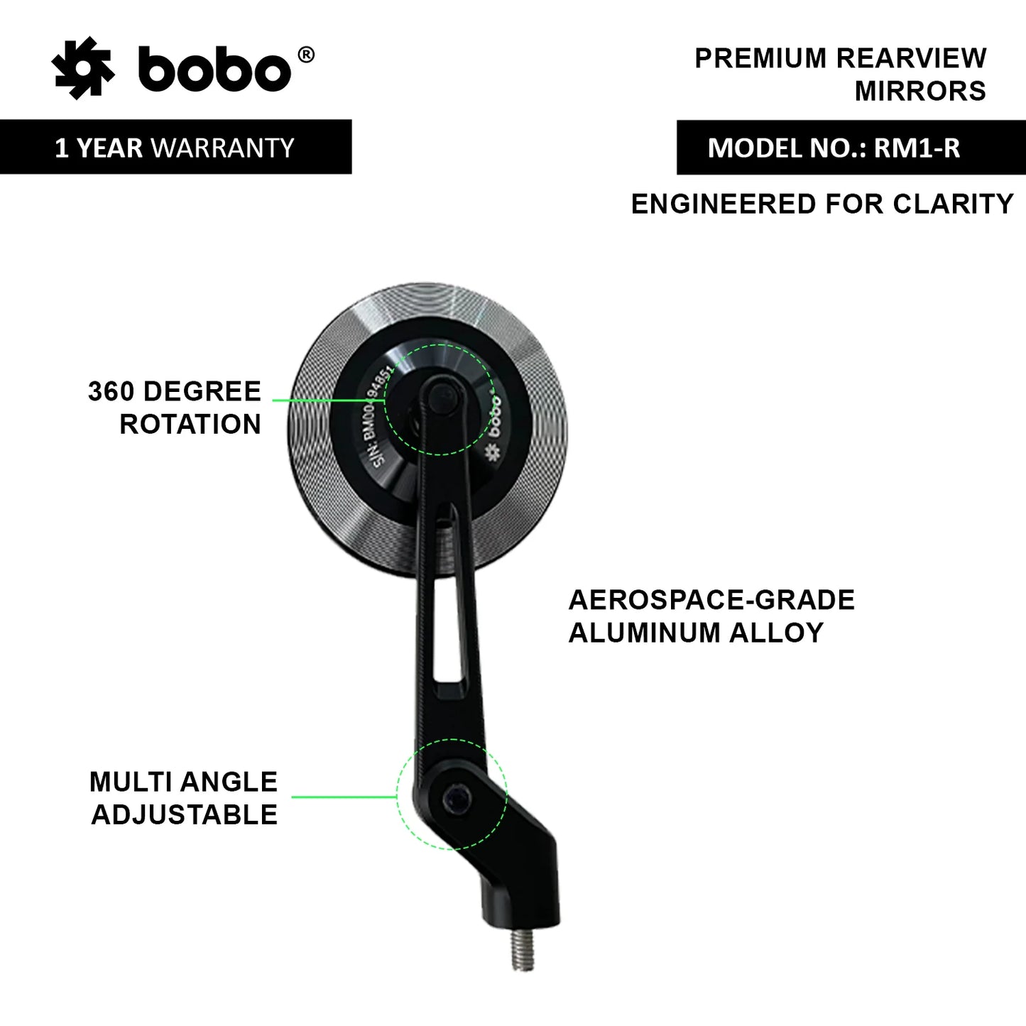 RM1-R Anti-Glare, Anti-Fog Rearview Bike Mirror - BOBO