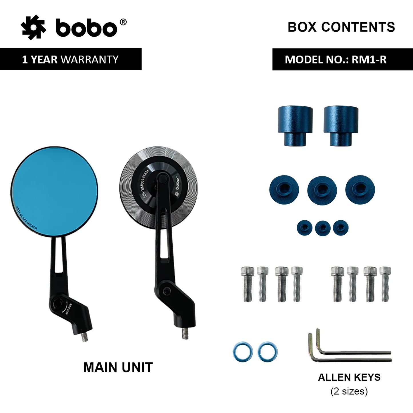RM1-R Anti-Glare, Anti-Fog Rearview Bike Mirror - BOBO