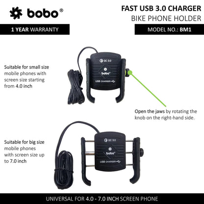 Bobo Bm1 Jaw Bike Mount For Mobile (Fast Usb 3.0 Charger Black) Phone Mounts