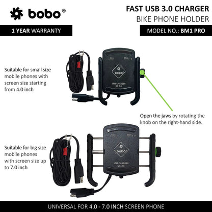 Bobo Bm1 Pro Jaw-Grip Bike Phone Holder With Fast Usb 3.0 Charger (Black) Mounts