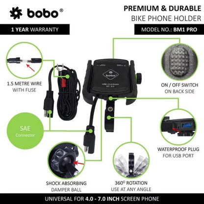 Bobo Bm1 Pro Jaw-Grip Bike Phone Holder With Fast Usb 3.0 Charger (Black) Mounts