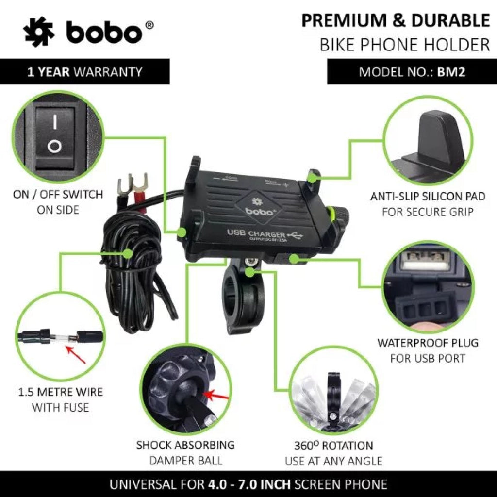 Bobo Bm2 Aluminium Mobile Phone Holder Mount With 2.5A Usb Charger (Black) Mounts