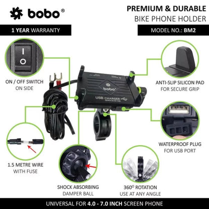 Bobo Bm2 Aluminium Mobile Phone Holder Mount With 2.5A Usb Charger (Black) Mounts