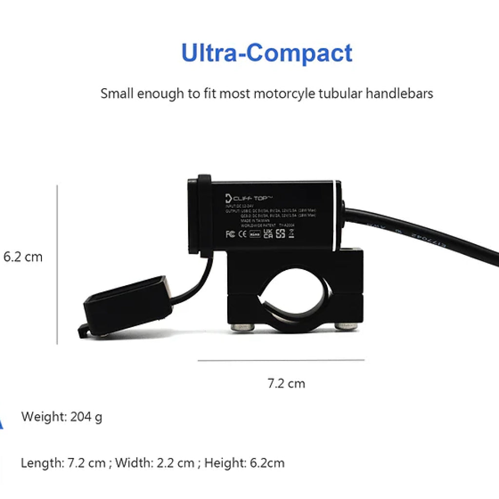 Handlebar Mounted 36W Usb Type-C + Qc 3.0 Aluminium Adapter - Cliff Top Electricals