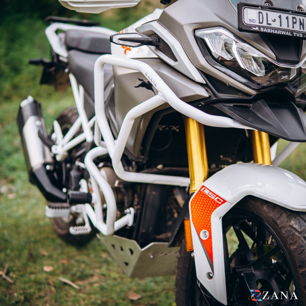 Upper & Lower Crash Guard With Slider Combo (White) For TVS Apache RTX300 - Zana