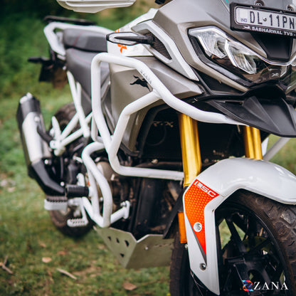 Upper & Lower Crash Guard With Slider Combo (White) For TVS Apache RTX300 - Zana