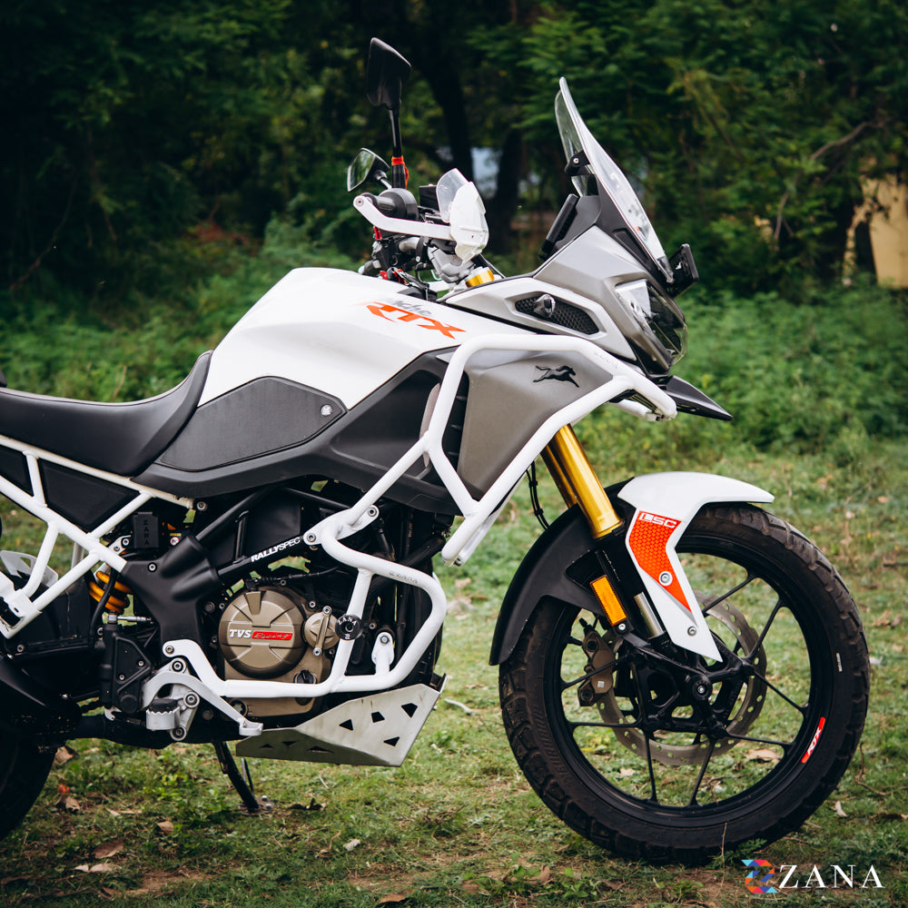Upper & Lower Crash Guard With Slider Combo (White) For TVS Apache RTX300 - Zana