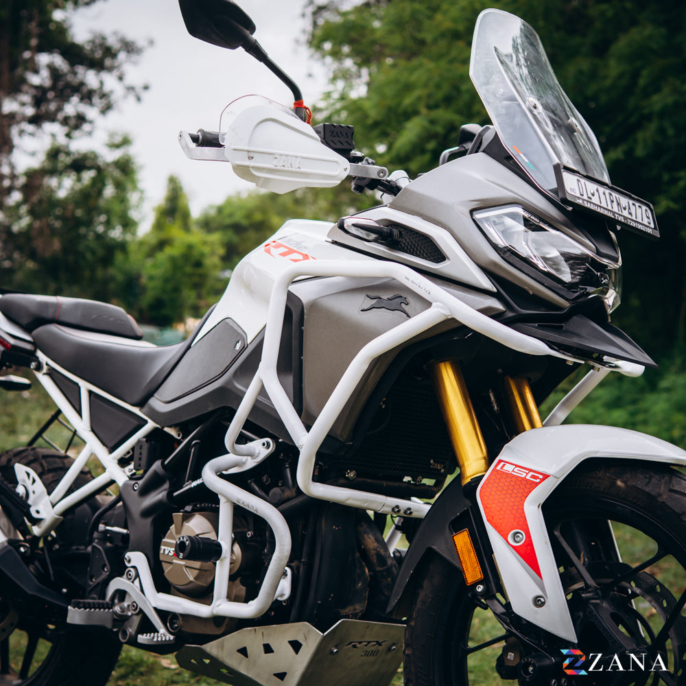 Upper & Lower Crash Guard With Slider Combo (White) For TVS Apache RTX300 - Zana